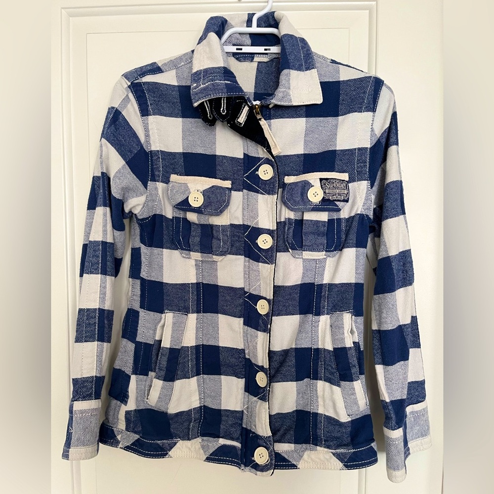 Superdry Blue and White Plaid Insulated Button-Up Jacket | Small